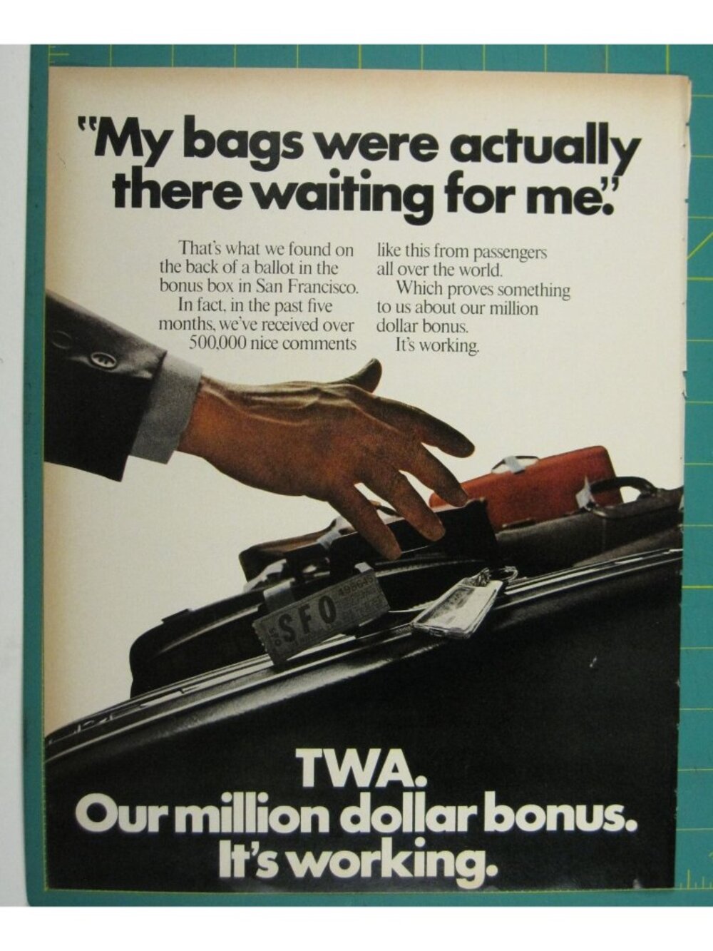 Print Ad TWA Airline Service Luggage Satisfaction Million Dollar Bonus 1960s Tra